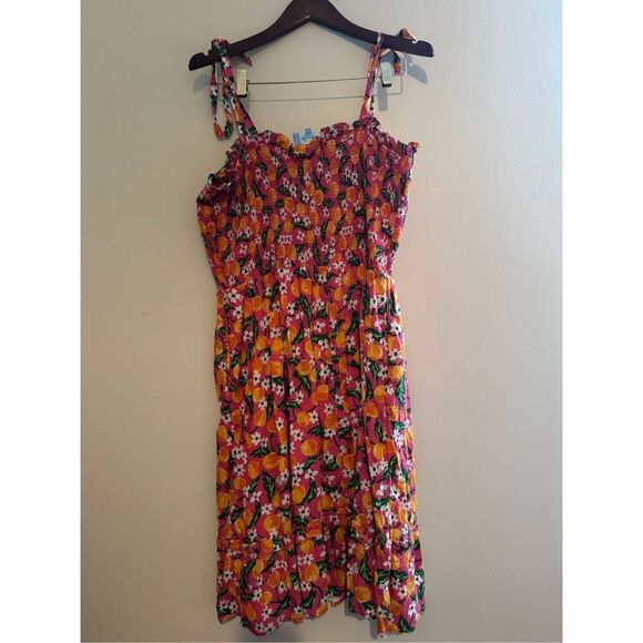 Draper James Taylor Smocked Dress in Pink With Oranges And Flowers Size XL W/ Po - Picture 1 of 12